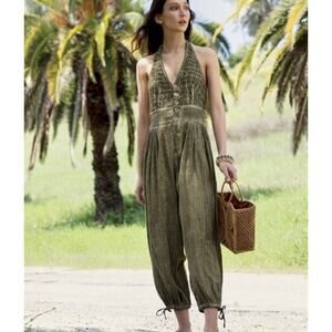 Free People Olive Green Linen Jumpsuit High Waist  travel light halter xs